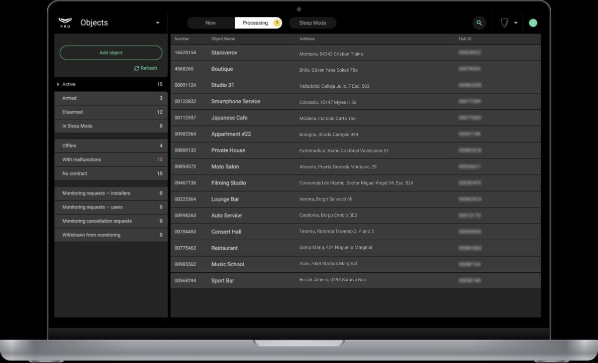 Ajax PRO Desktop : liste des sites suivis